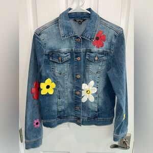 CHARLIE B Blue Denim Jacket with Multicolor Flower Appliqués